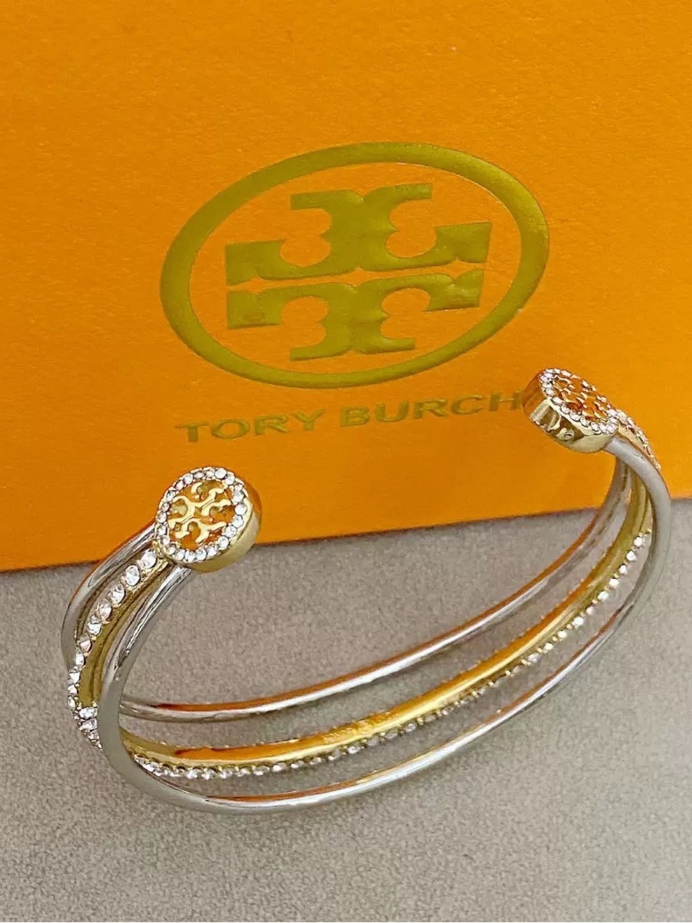 Tory Burch Two-Tone Crystal Logo Open Cuff Bracelet - Gold & Silver